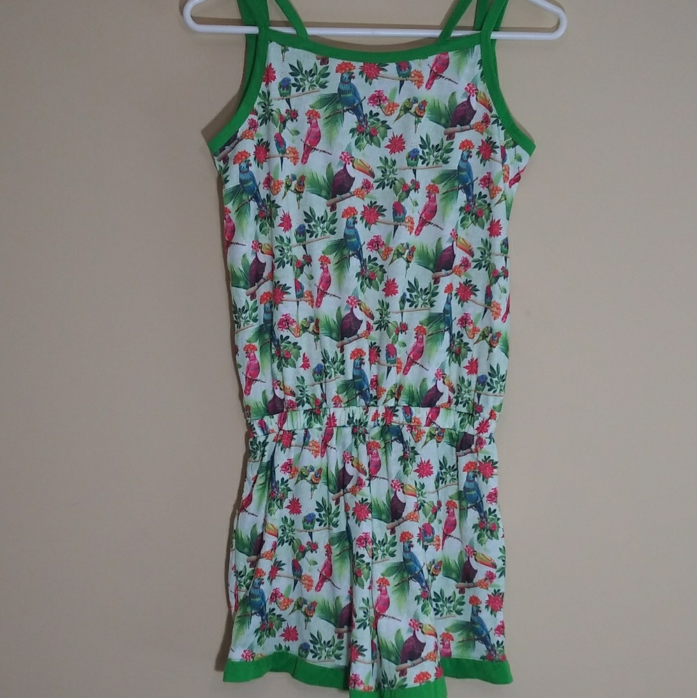 American girl romper green jungle birds pattern